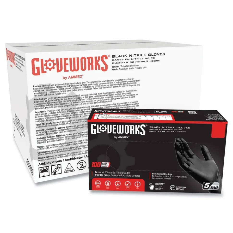 Ammex 9.5 in. Long 5 mil Powder-Free Industrial Nitrile Gloves - Large/Black (1000/Carton)