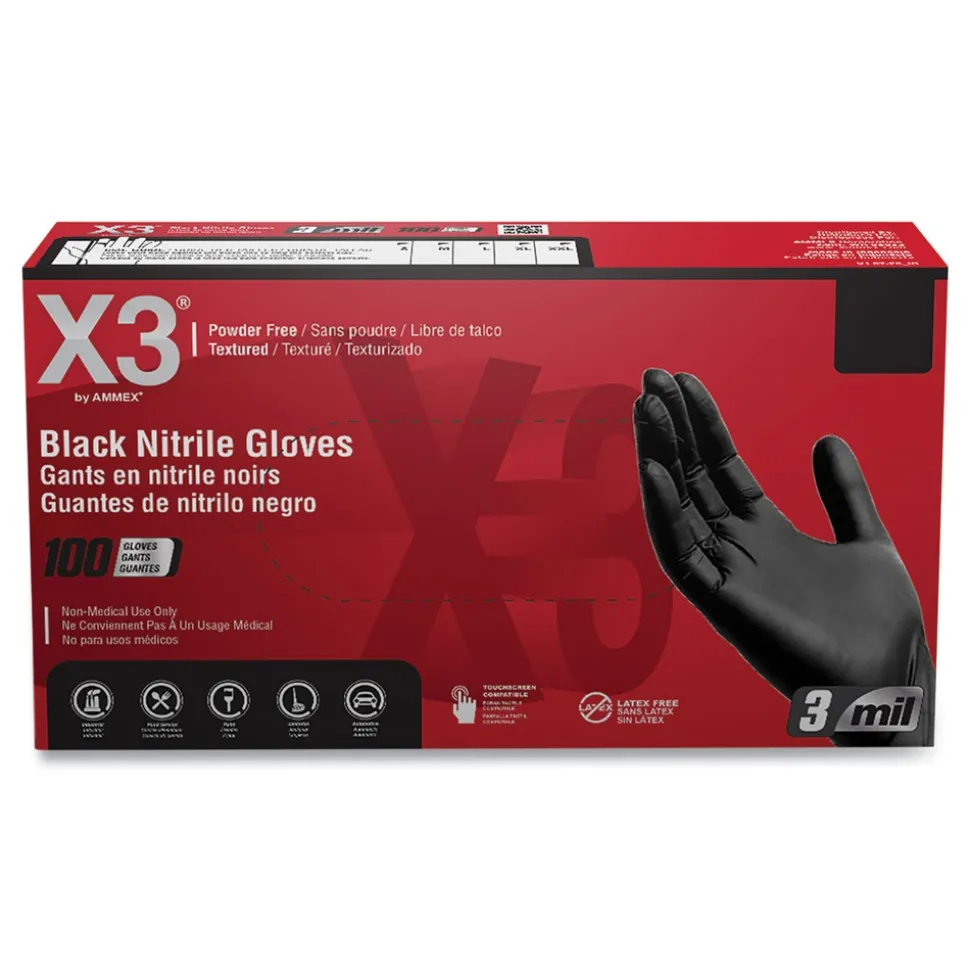 Ammex 9.5 in. Long 3 mil Powder-Free Industrial Nitrile Gloves - 2X-Large/Black (1000/Carton)