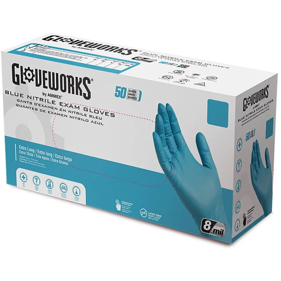 Ammex 8 mil Blue Powder-Free Nitrile Exam Gloves - Large, Blue (500/Carton)
