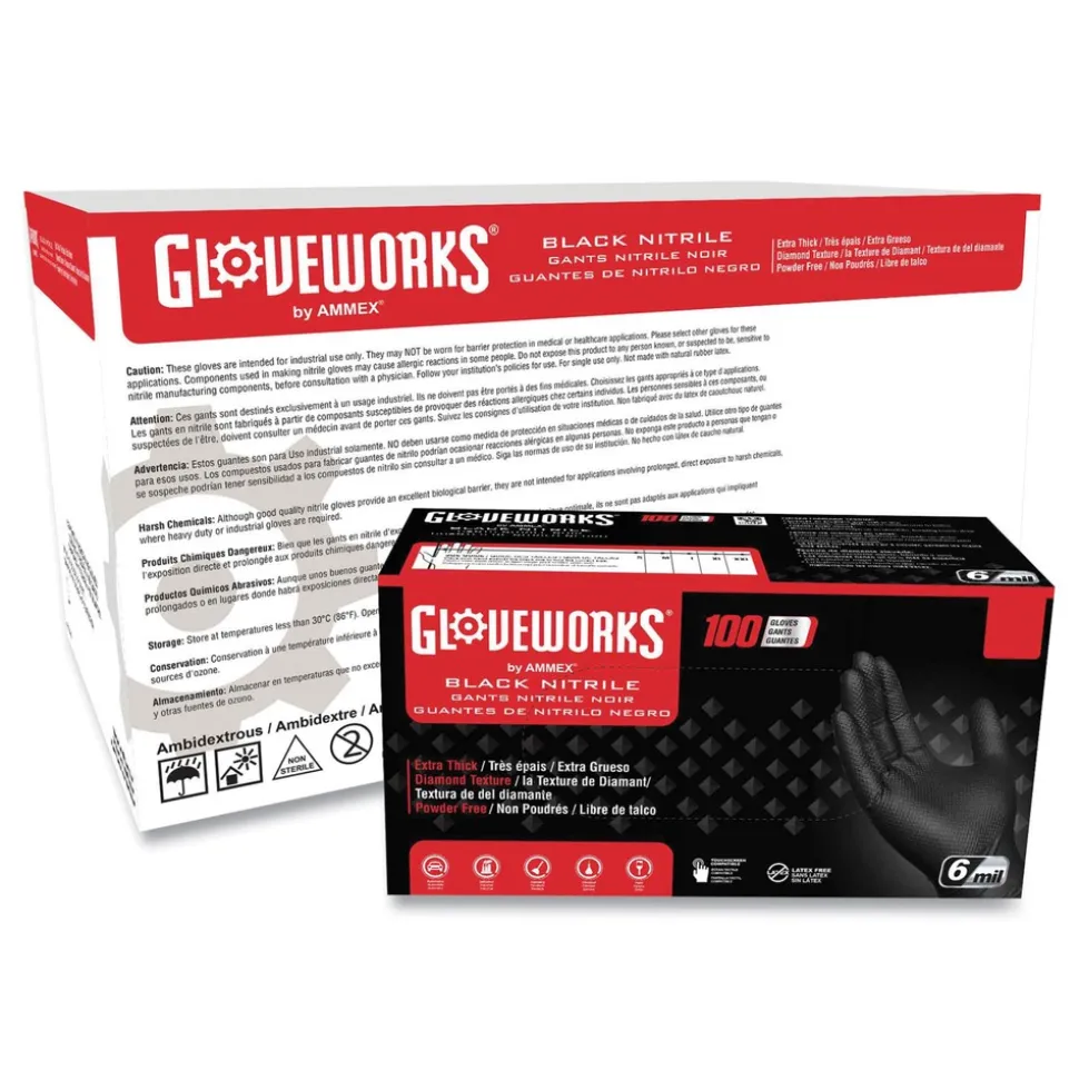Ammex 6 mil Heavy-Duty Industrial Powder-Free Nitrile Gloves - Medium, Black (1000/Carton)
