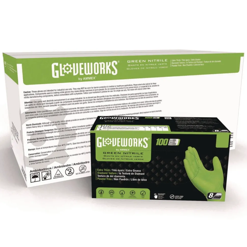 Ammex 8 mil Heavy-Duty Industrial Powder-Free Nitrile Gloves - Medium, Green (1000/Carton)