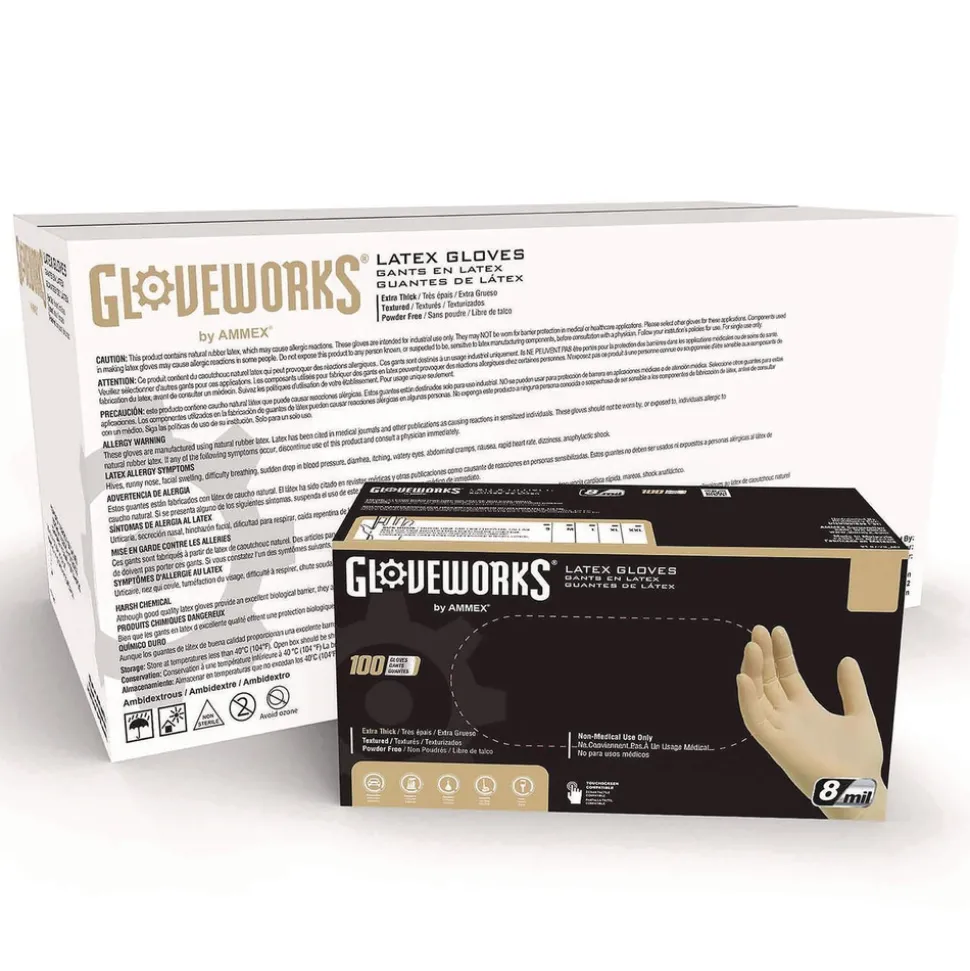 Ammex 6 mil Thick 9.5 in. Long Powder-Free Extra Thick Latex Disposable Gloves - Large, Ivory (100/Box, 10 Boxes/Carton)