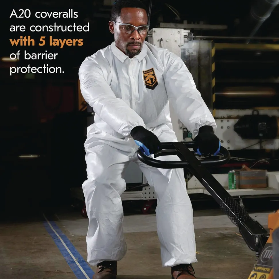Ansell A20 Zip Front, Elastic-Back, Wrists, and Ankles Breathable Particle Protection Coveralls - Large, White (24/Carton)