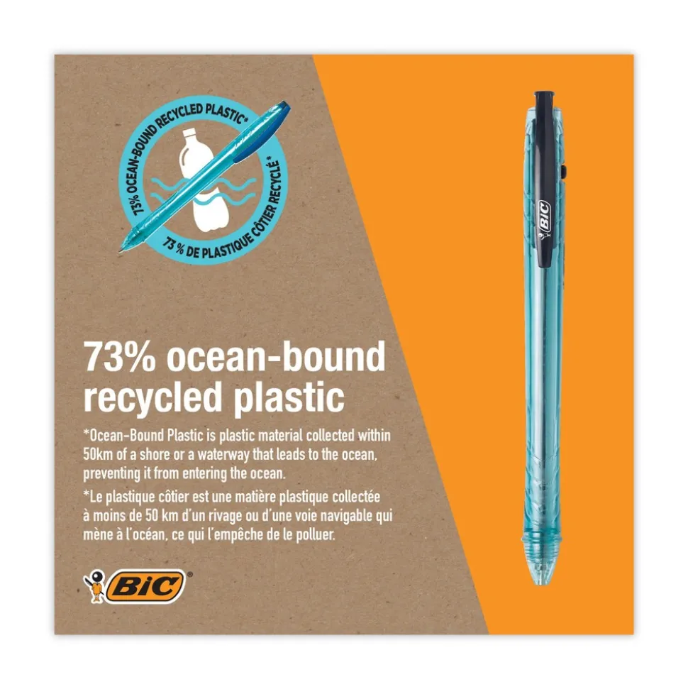 BIC ReVolution Ocean Bound Medium 1 millimeter Retractable Ballpoint Pen - Black Ink/Translucent Blue Barrel (1-Dozen)