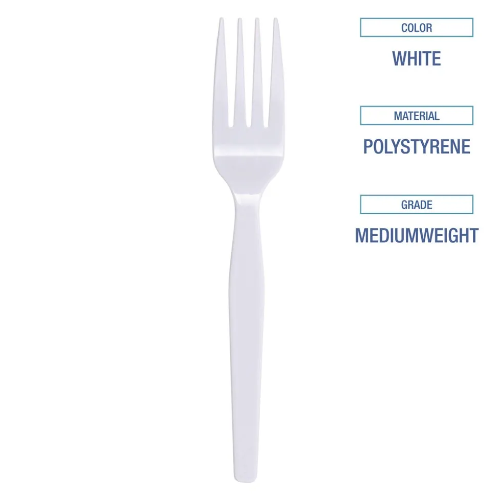 Boardwalk BWK FORKMWPS Mediumweight Polystyrene Plastic Fork Cutlery - White (100/Box, 10 Boxes/Carton)