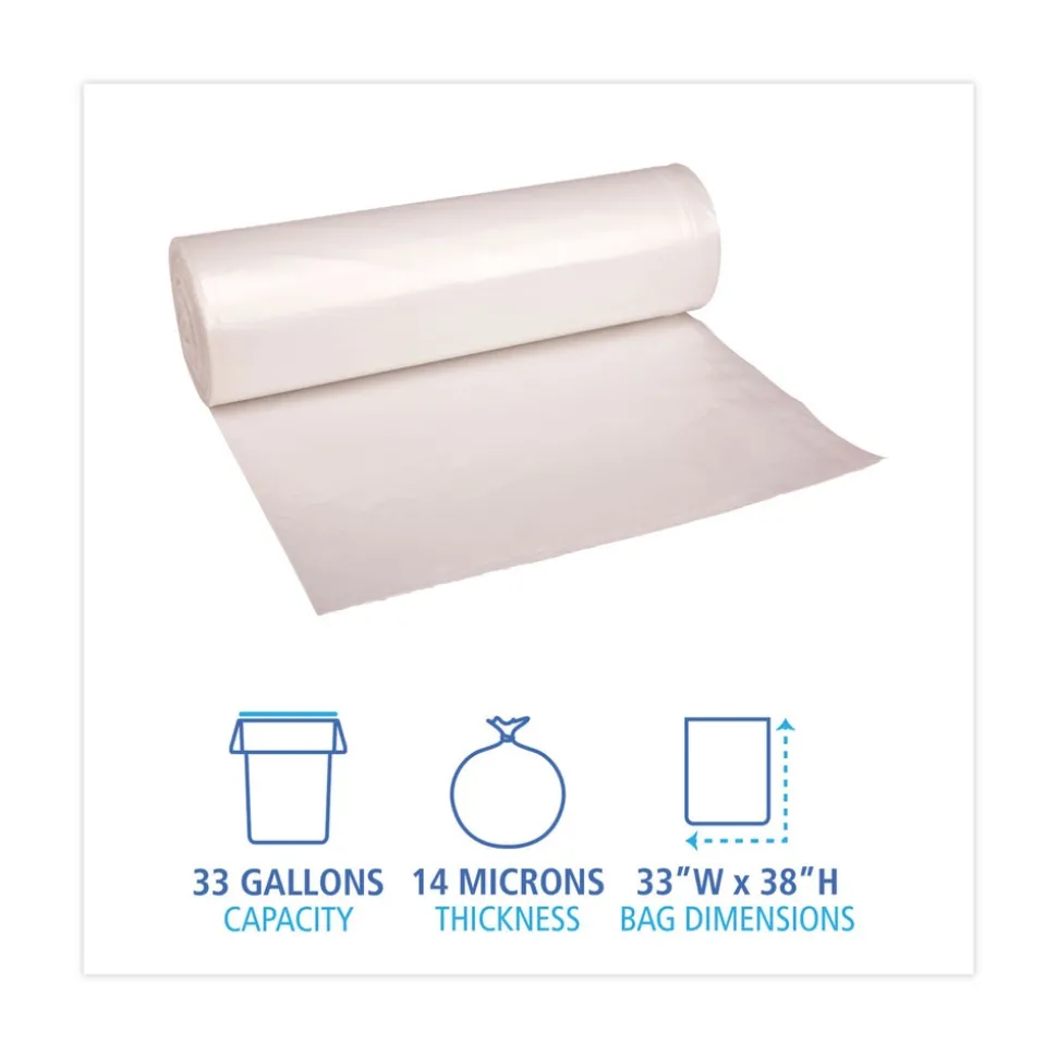 Boardwalk 33 Gallon 14 mic 33 in. x 38 in. Perforated Roll High-Density Can Liners - Natural (25 Bags/Roll, 10 Rolls/Carton)