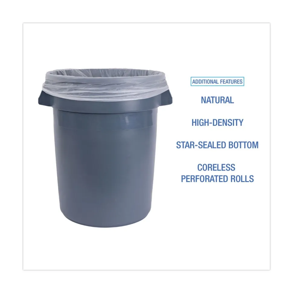 Boardwalk 33 Gallon 14 mic 33 in. x 38 in. Perforated Roll High-Density Can Liners - Natural (25 Bags/Roll, 10 Rolls/Carton)