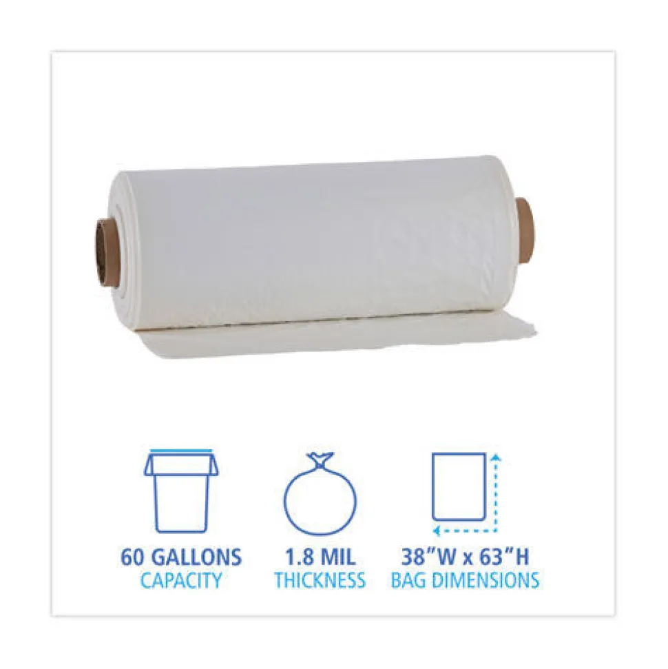 Boardwalk 60 Gallon 1.8 mil 38 in. x 63 in. Industrial Drum Liners Rolls - Clear (75/Carton)