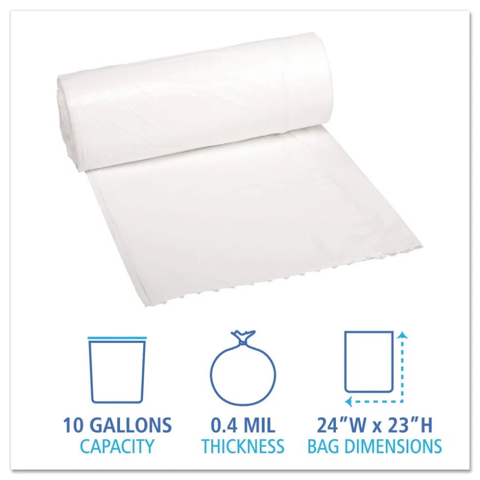 Boardwalk 10 Gallon 0.4 mil 24 in. x 23 in. Perforated Roll Low-Density Waste Can Liners - White (25 Bags/Roll, 20 Rolls/Carton)
