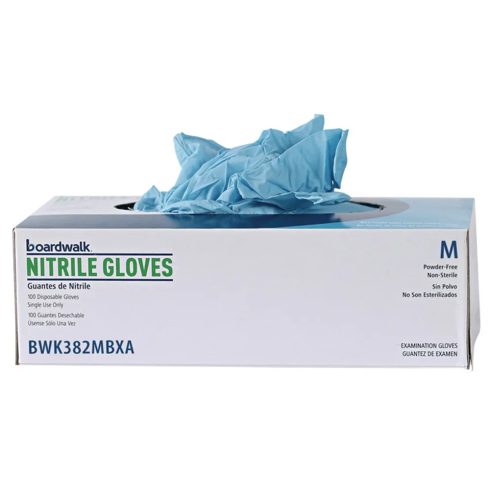 Boardwalk 5 mil 9.5 in. Long Powder-Free Disposable Examination Nitrile Gloves - Medium, Blue (100/Box, 10 Boxes/Carton)