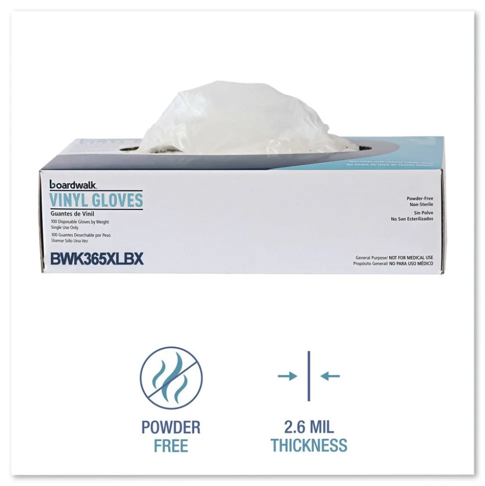 Boardwalk 2.6 mil 9.5 in. Long Powder-Free General Purpose Vinyl Gloves - Extra Large, Clear (100/Box, 10 Boxes/Carton)