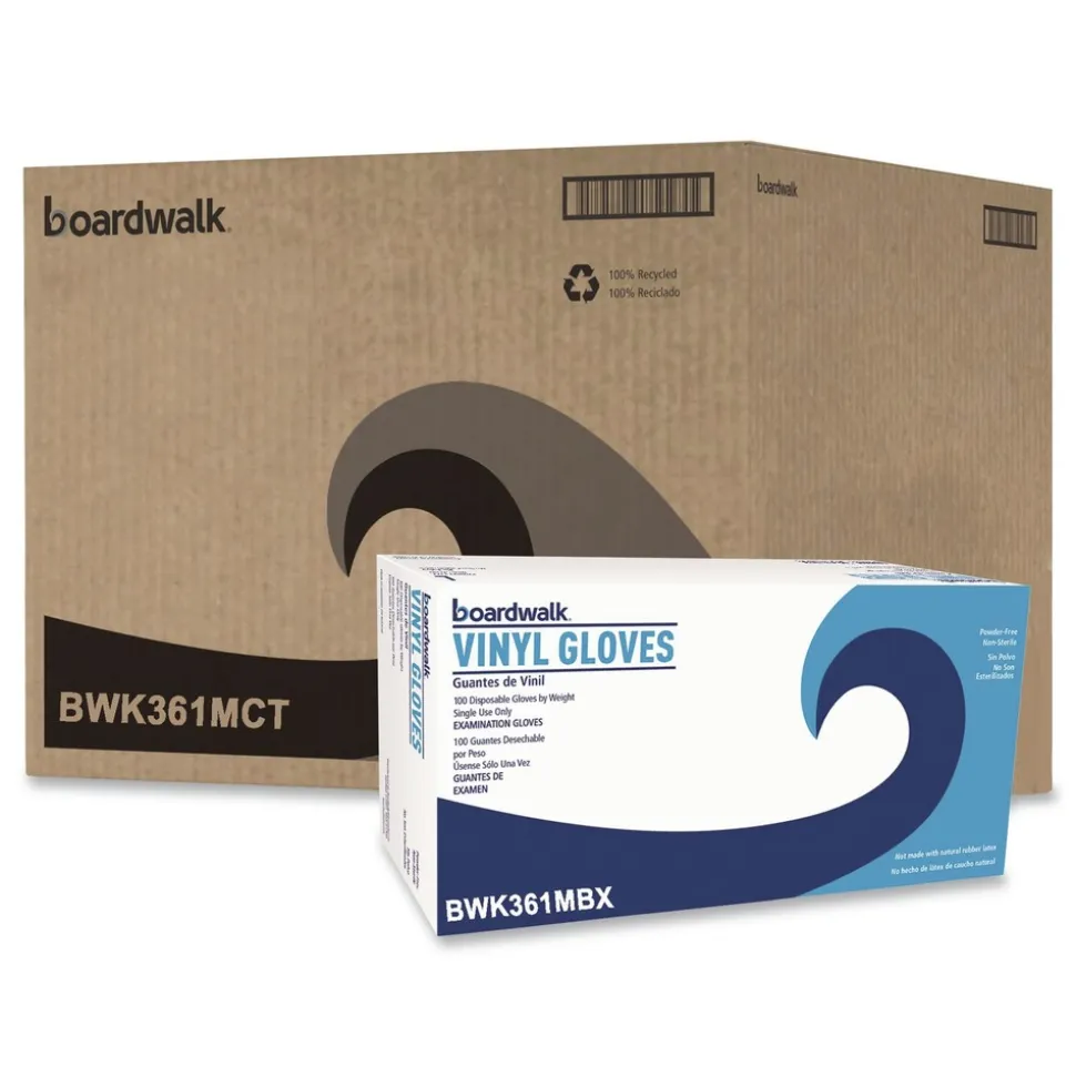 Boardwalk 3.6 mil Thick 9.5 in. Long Powder-Free Exam Vinyl Gloves - Medium, Clear (100/Box, 10 Boxes/Carton)