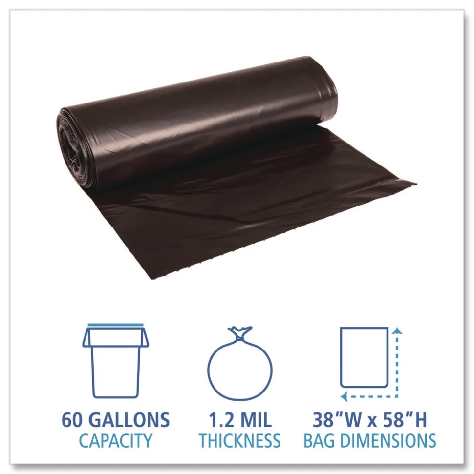 Boardwalk Reprocessed Resin Can Liners, 60 gal, 1.2 mil, 38 x 58, Black, 50 Rolls/Carton