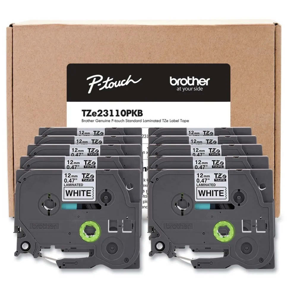 Brother P-Touch 0.5 in. TZe Series Standard Adhesive Laminated Labeling Tape - Black on White (10/Pack)
