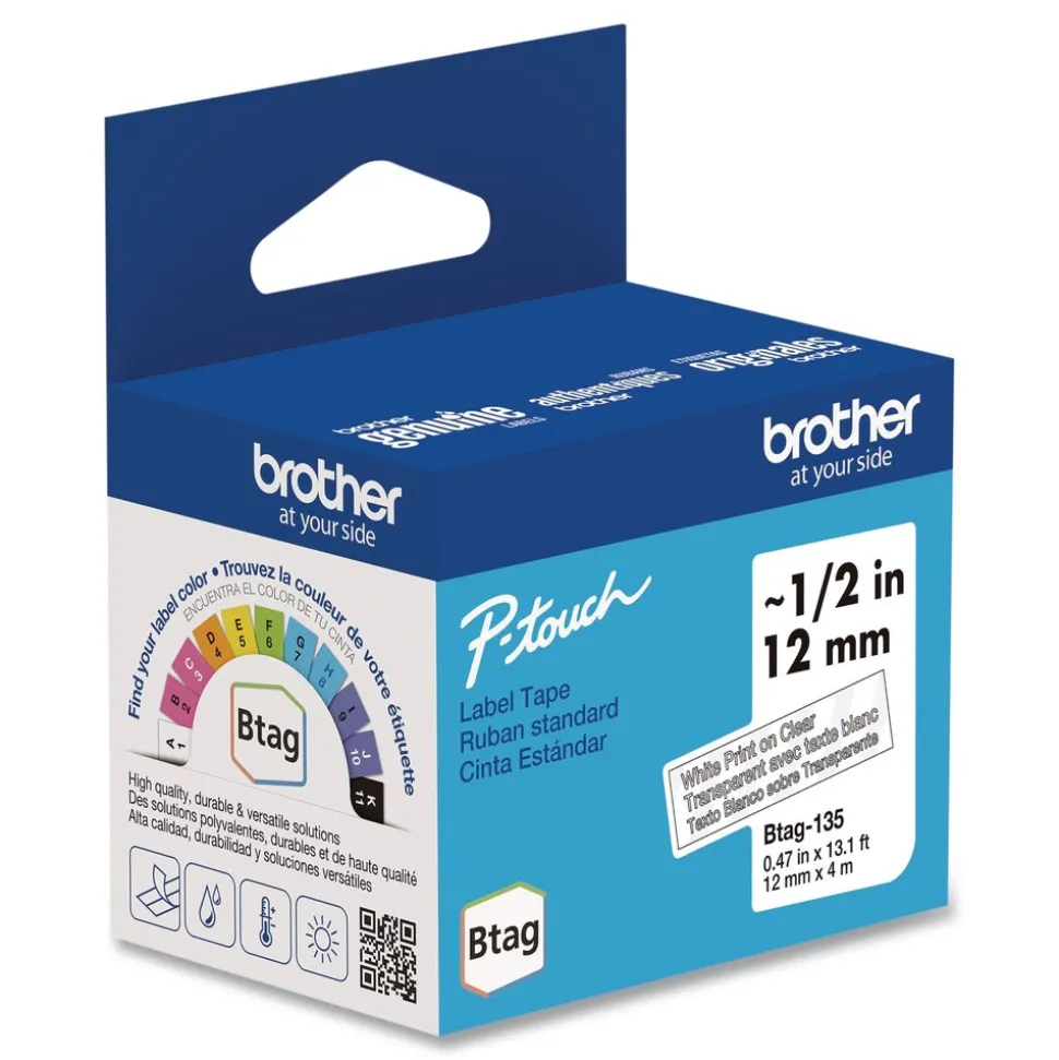 Brother P-Touch 0.47 in. x 13.1 ft. Genuine P-Touch BTAG Label Tapes - White on Clear