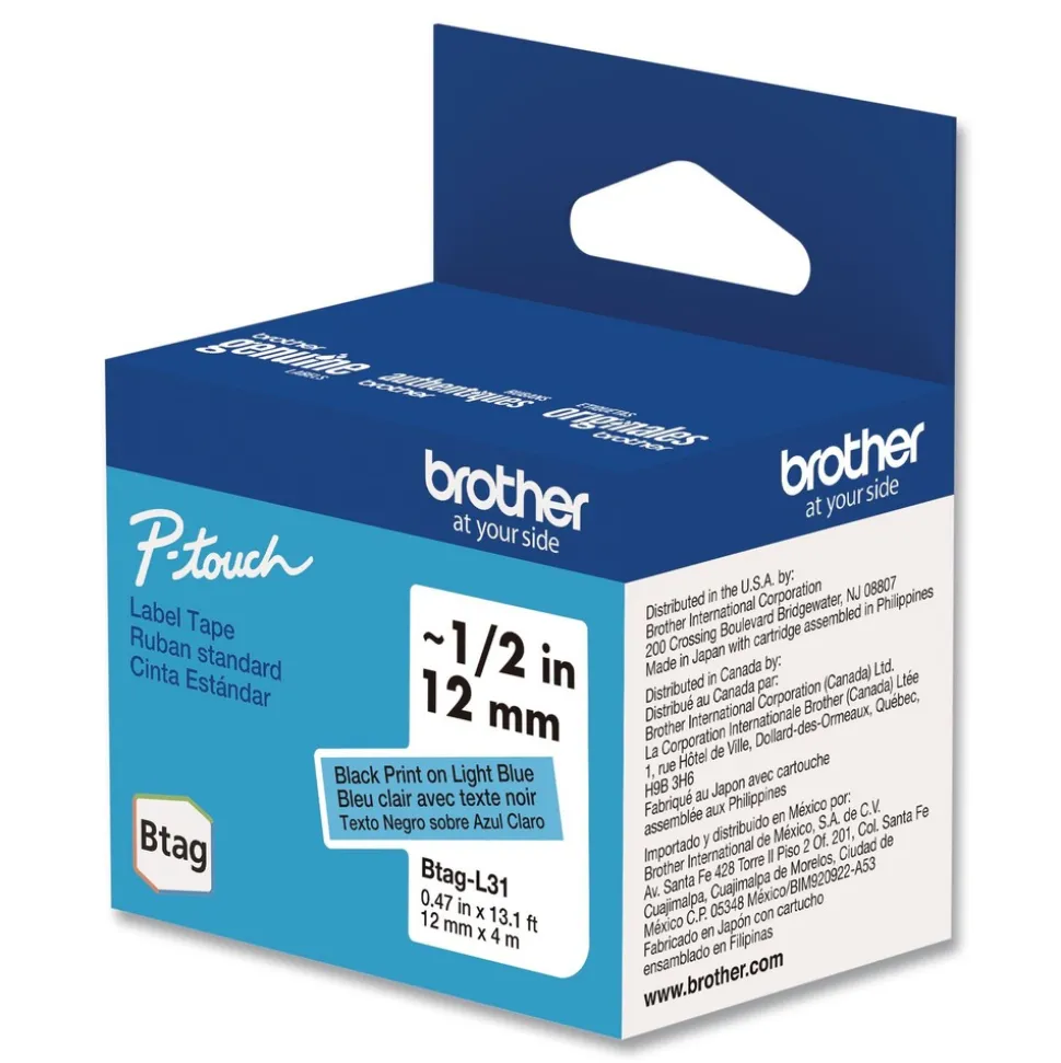 Brother P-Touch 0.47 in. x 13.1 ft. Genuine P-Touch BTAG Label Tapes - Black on Light Blue