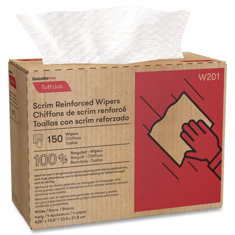 Cascades PRO 9.25 in. x 12.5 in. 4-Ply Tuff-Job Scrim Reinforced Wipers - White (10 Boxes/Carton)