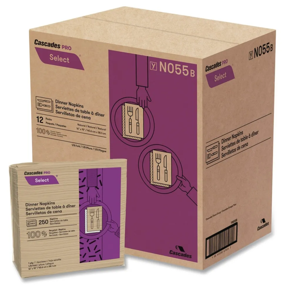 Cascades PRO N055 16 in. x 15.5 in. 1-Ply Select Dinner Napkins - Natural (12 Packs/Carton)