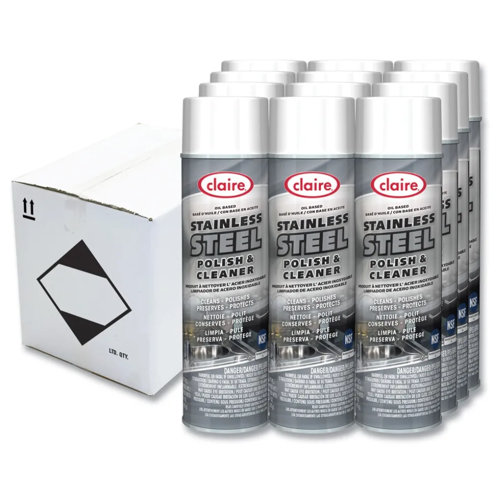 Claire CL841 15 oz. Aerosol Spray Stainless Steel Polish and Cleaner - Lemon Scent (12/Carton)