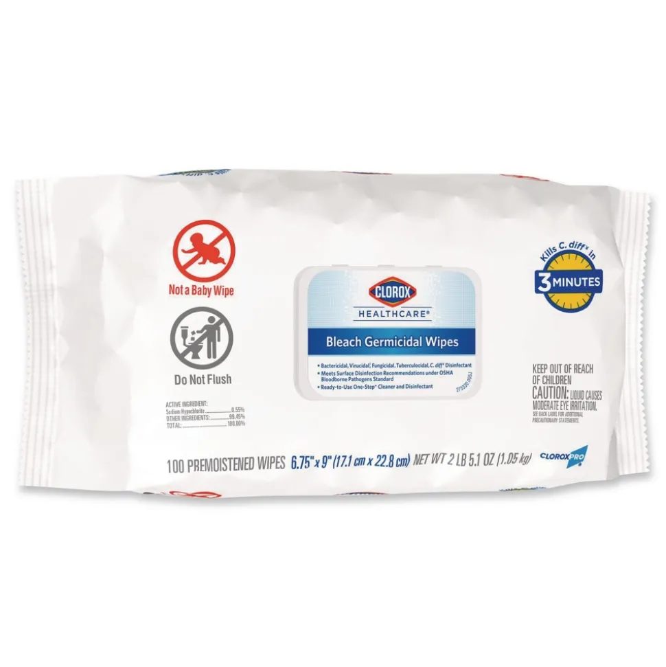 Clorox Healthcare 32621 6.75 in. x 9 in. 1-Ply Bleach Germicidal Disinfectant Wipes - Unscented/White (6/Carton)