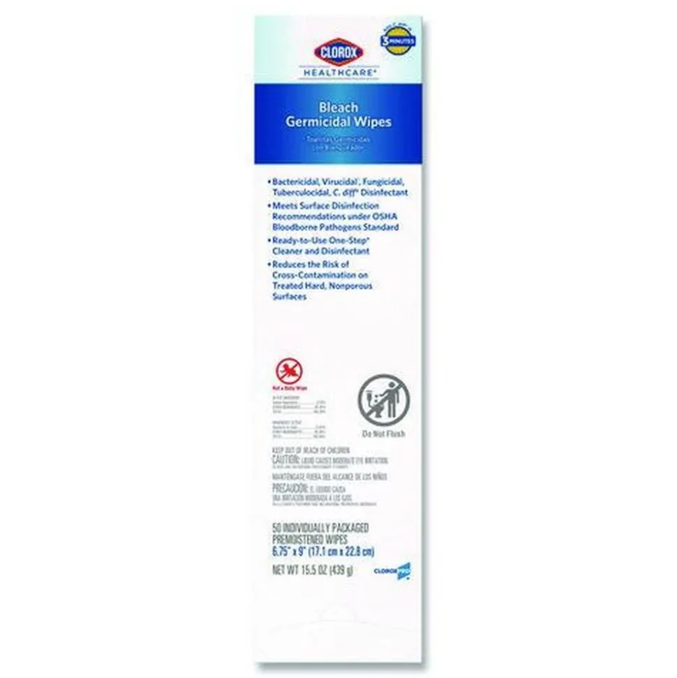 Clorox Healthcare 6.75 in. x 9 in. 1-Ply Individual Bleach Germicidal Wipes - Unscented White (6/Carton)
