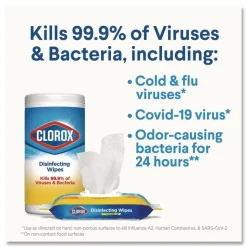 Clorox 7 in. x 7.75 in. 1-Ply Bleach Free Disinfecting Cleaning Wipes - Crisp Lemon White (6/Carton)