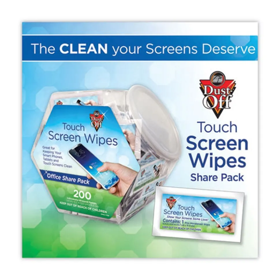 Dust-Off 1 Jar, 200 Individual 5 in. x 7-3/4 in. Touch Screen Wipe Packets