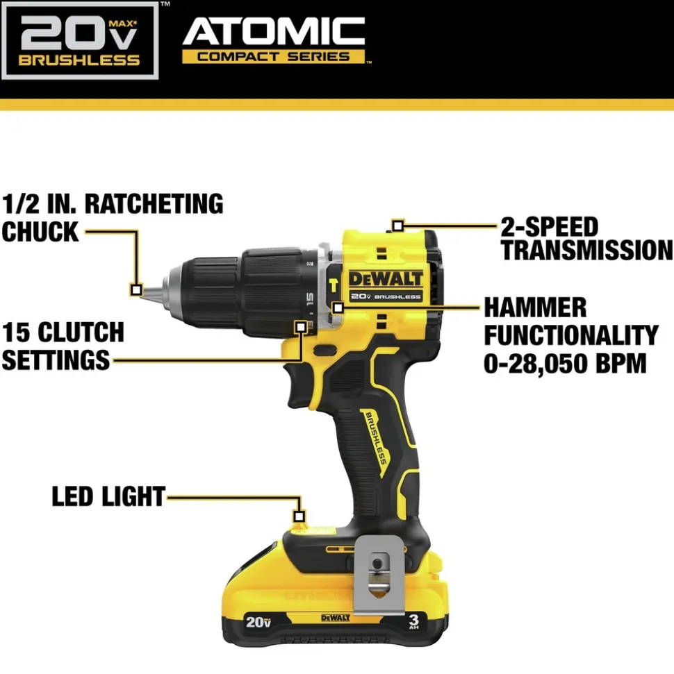 Factory Reconditioned Dewalt 20V MAX ATOMIC Lithium-Ion Brushless 1/2 in. Cordless Hammer Drill Kit (3 Ah)