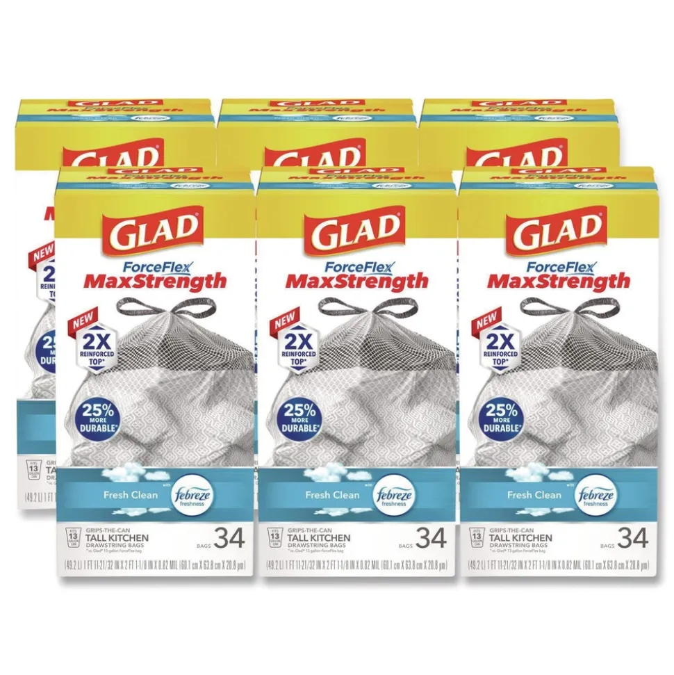 Glad ForceFlex MaxStrength 24 in. x 28 in. 13 Gallon Tall Kitchen Drawstring Trash Bags - Fresh Clean Scent/White (204/Carton)