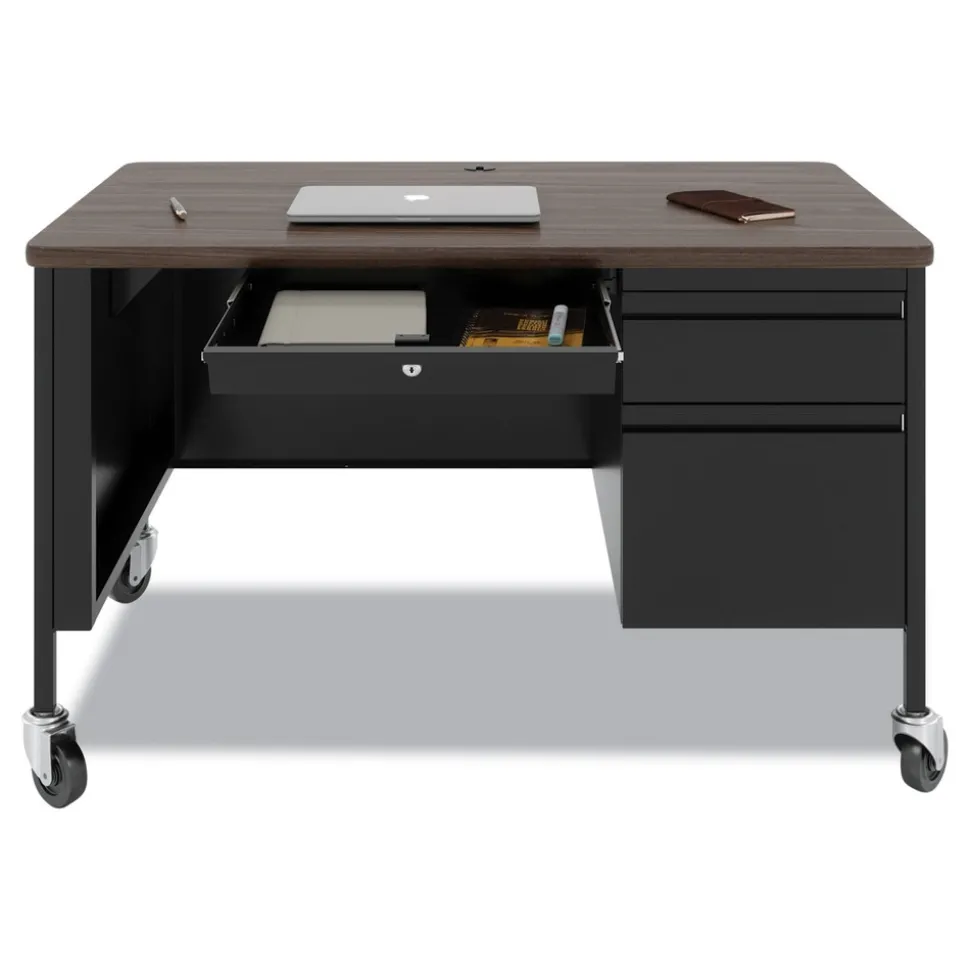 Hirsh Industries 48 in. x 30 in. x 29.5 in. Right-Hand Pedestal Box/File Drawers Mobile Teachers Pedestal Desks - Walnut/Black