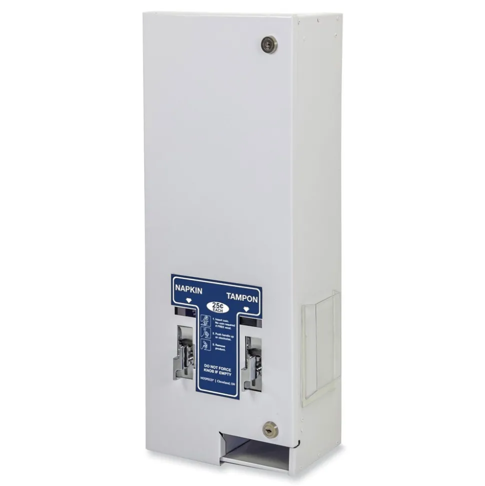 HOSPECO 11.13 in. x 7.63 in. x 26.38 in. 25 Cent Coin Mechanism Dual Sanitary Napkin/Tampon Dispenser - White/Blue