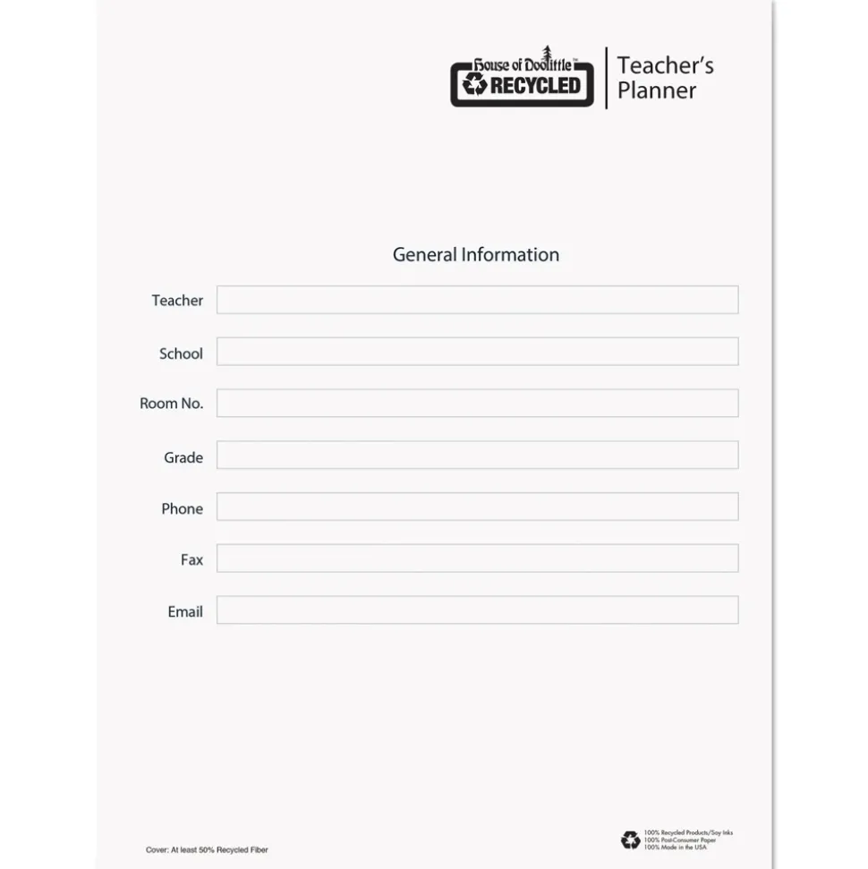House of Doolittle 11 in. x 8.5 in. Sheets 45-Week Span 7 Classes Weekly Recycled Teacher's Planner - Blue Cover