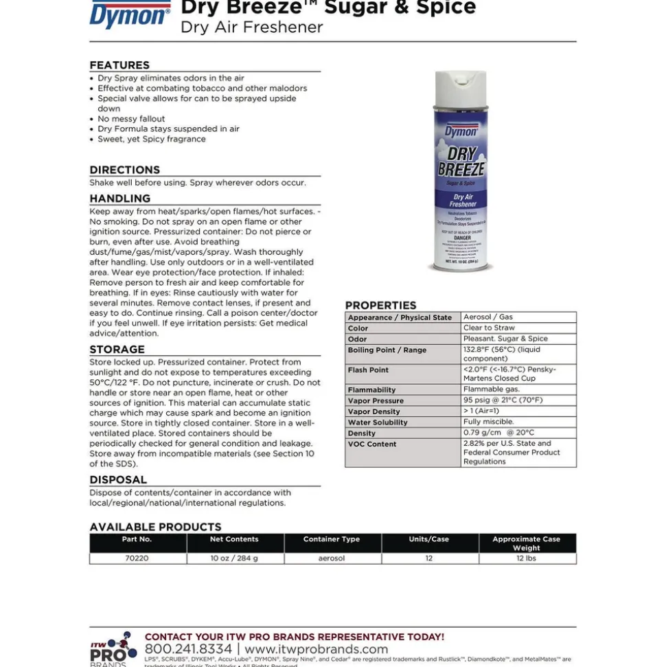 ITW Dymon Dry Breeze 10 oz. Aerosol Air Freshener Spray - Sugar and Spice (12/Carton)