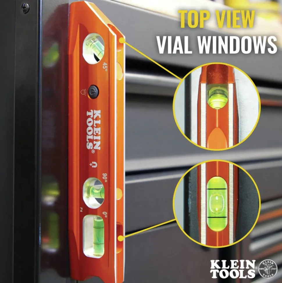 Klein Tools Water/Impact Resistant Lighted Torpedo Level with Magnet, 3 Vials and V-Groove