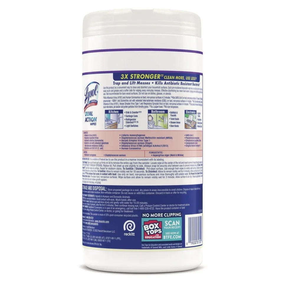 LYSOL Brand 7 in. x 7.5 in. 1-Ply Dual Action Disinfecting Wipes - Citrus, White/Purple (6 Canisters/Carton)