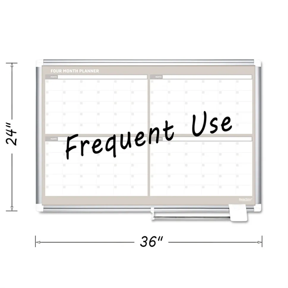 MasterVision 36 in. x 24 in. 4-Month Planning/Scheduling Magnetic Dry Erase Calendar Board - White Surface, Satin Aluminum Frame