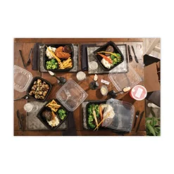 Pactiv Corp. 33 oz. 8-1/2 in. x 8-1/5 in. x 3 in. 3-Compartment EarthChoice Vented Dual Color Microwavable Hinged Lid Container - Black/Clear (150/Carton)
