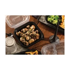 Pactiv Corp. 28 oz 7.5 x 7.5 x 3 EarthChoice Vented Dual Color Microwavable Plastic Hinged Lid Container - Black/Clear (150/Carton)