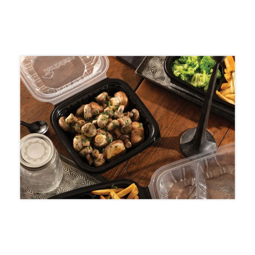 Pactiv Corp. 28 oz 7.5 x 7.5 x 3 EarthChoice Vented Dual Color Microwavable Plastic Hinged Lid Container - Black/Clear (150/Carton)