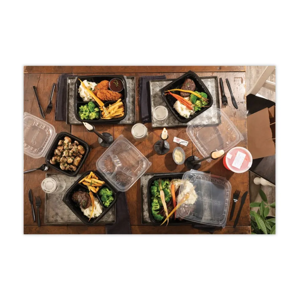 Pactiv Corp. DC858100B000 38 oz 8.5 x 8.5 x 3 EarthChoice Vented Dual Color Microwavable Plastic Hinged Lid Container - Black/Clear (150/Carton)
