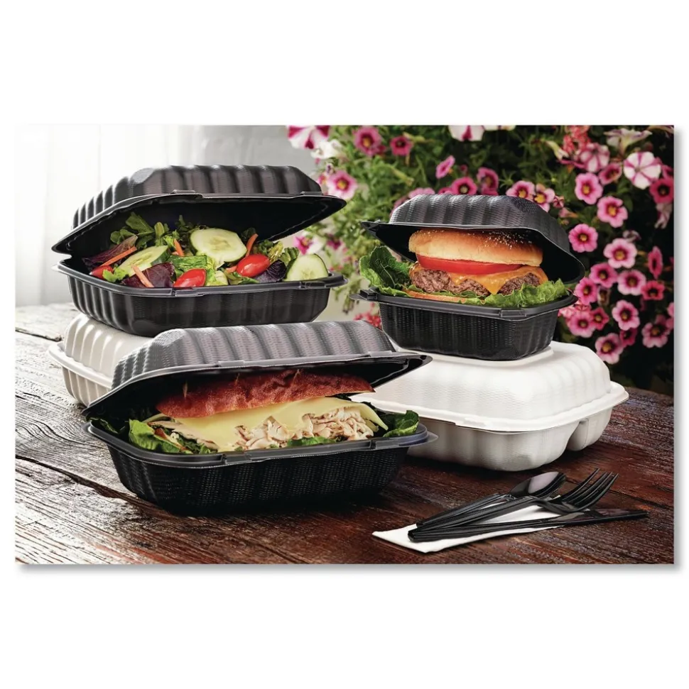 Pactiv Corp. EarthChoice 9 in. x 6 in. x 3.25 in. Plastic SmartLock Microwavable MFPP Hinged Lid Container - Black (270/Carton)