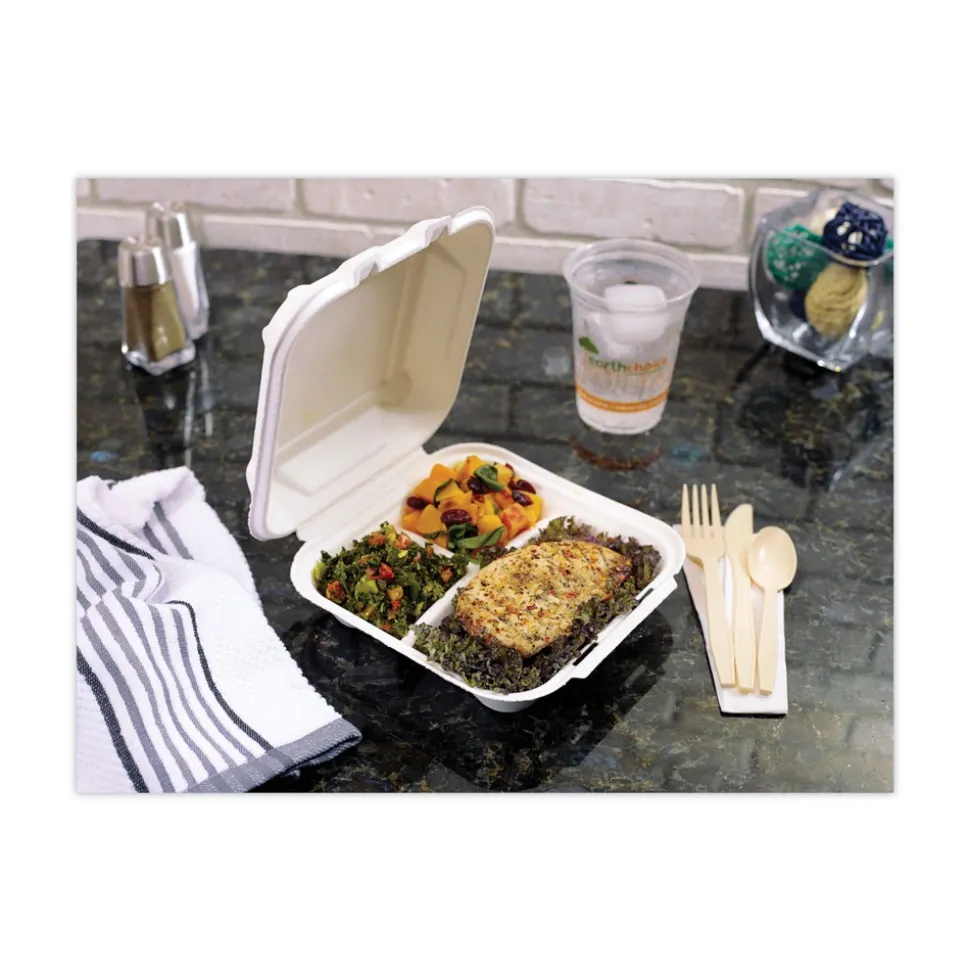 Pactiv Corp. EarthChoice 7.8 in. x 7.8 in. x 2.8 in. Bagasse Hinged Lid 3-Compartment Container with Dual Tab Lock - Natural (150/Carton)
