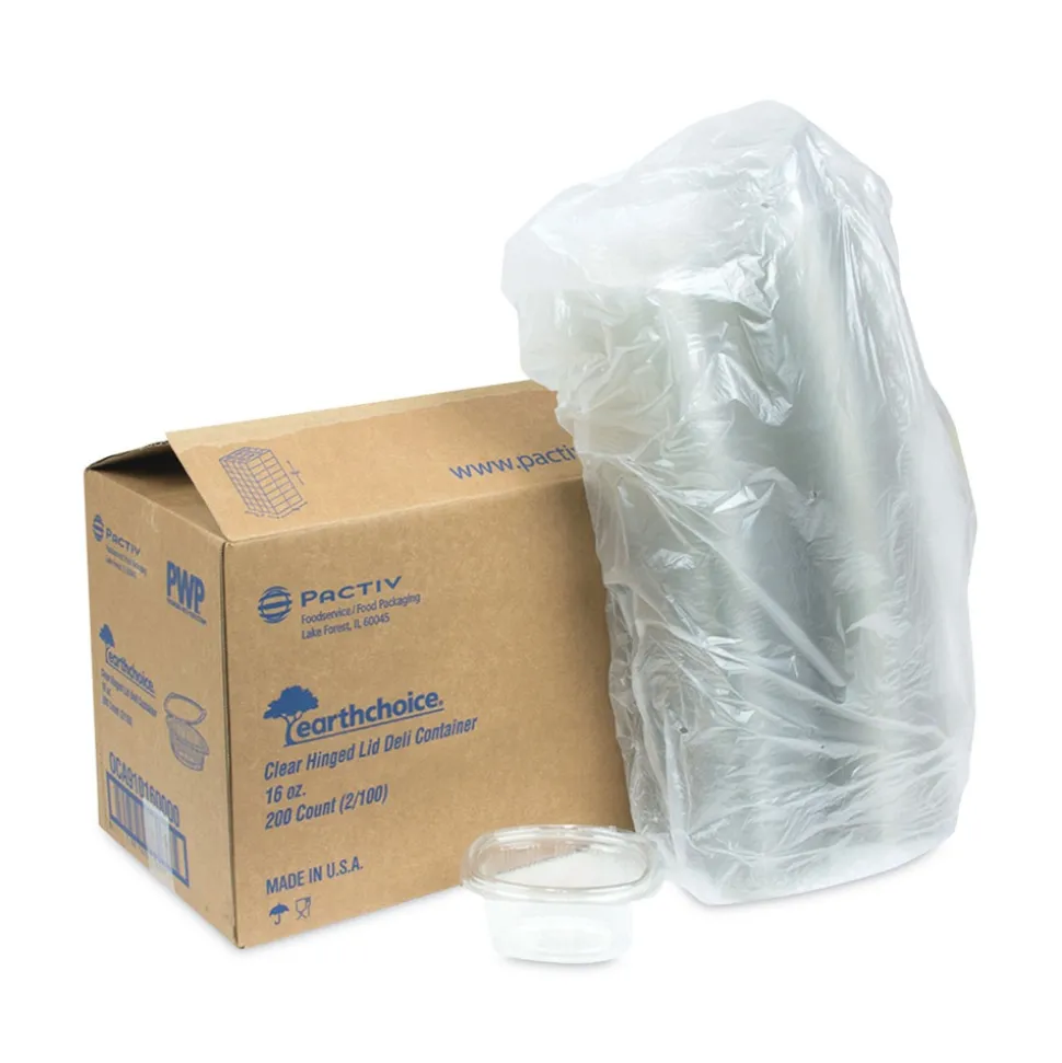 Pactiv Corp. EarthChoice 4.92 in. x 5.87 in. x 2.48 in. 16 oz. Plastic Recycled PET Hinged Container - Clear (200/Carton)