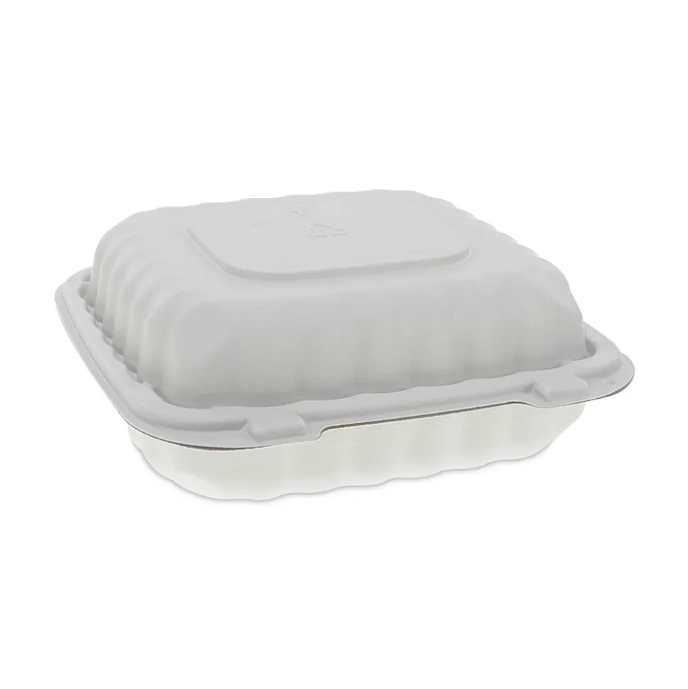 Pactiv Corp. YCN808030000 EarthChoice SmartLock 8.31 in. x 8.35 in. x 3.1 in. Microwaveable MFPP 3-Compartment Hinged Lid Containers - White (200/Carton)