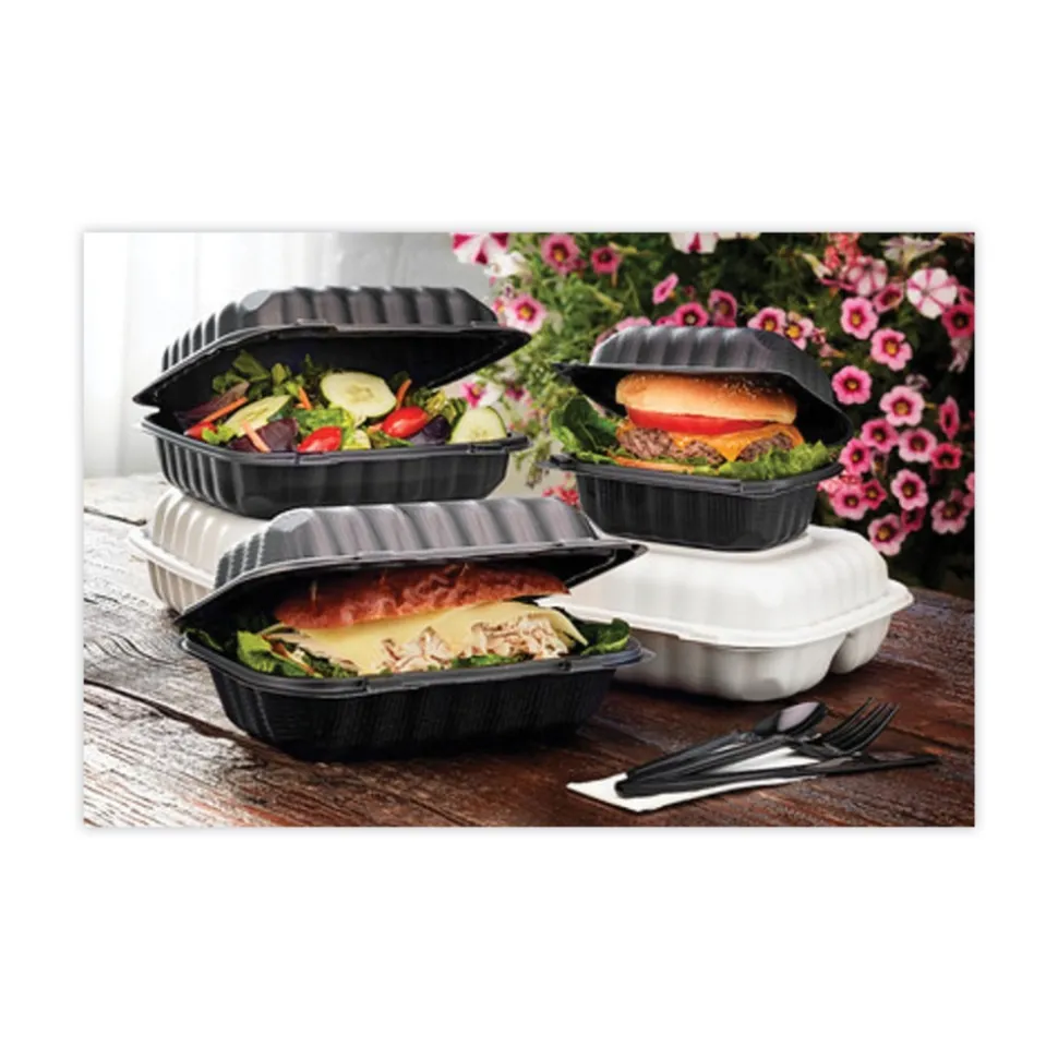 Pactiv Corp. 8.31 in. x 8.35 in. x 3.1 in. EarthChoice SmartLock Microwavable MFPP Plastic Hinged Lid Container - Black (200/Carton)