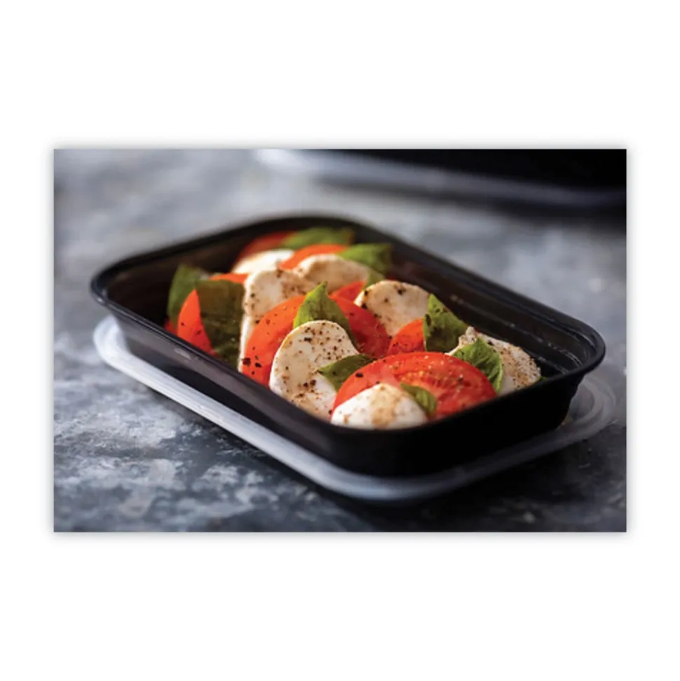 Pactiv Corp. 8.4 in. x 5.6 in. x 1.4 in. 27 oz. EarthChoice Versa2Go Plastic Microwaveable Container - Black/Clear (150/Carton)