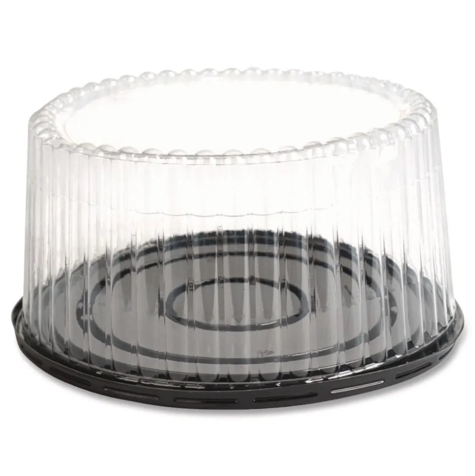 Plastifar Bakery Containers, 8-in Cake, 9.7-in Diameter x 5-in h, Black/Clear, 100/Carton