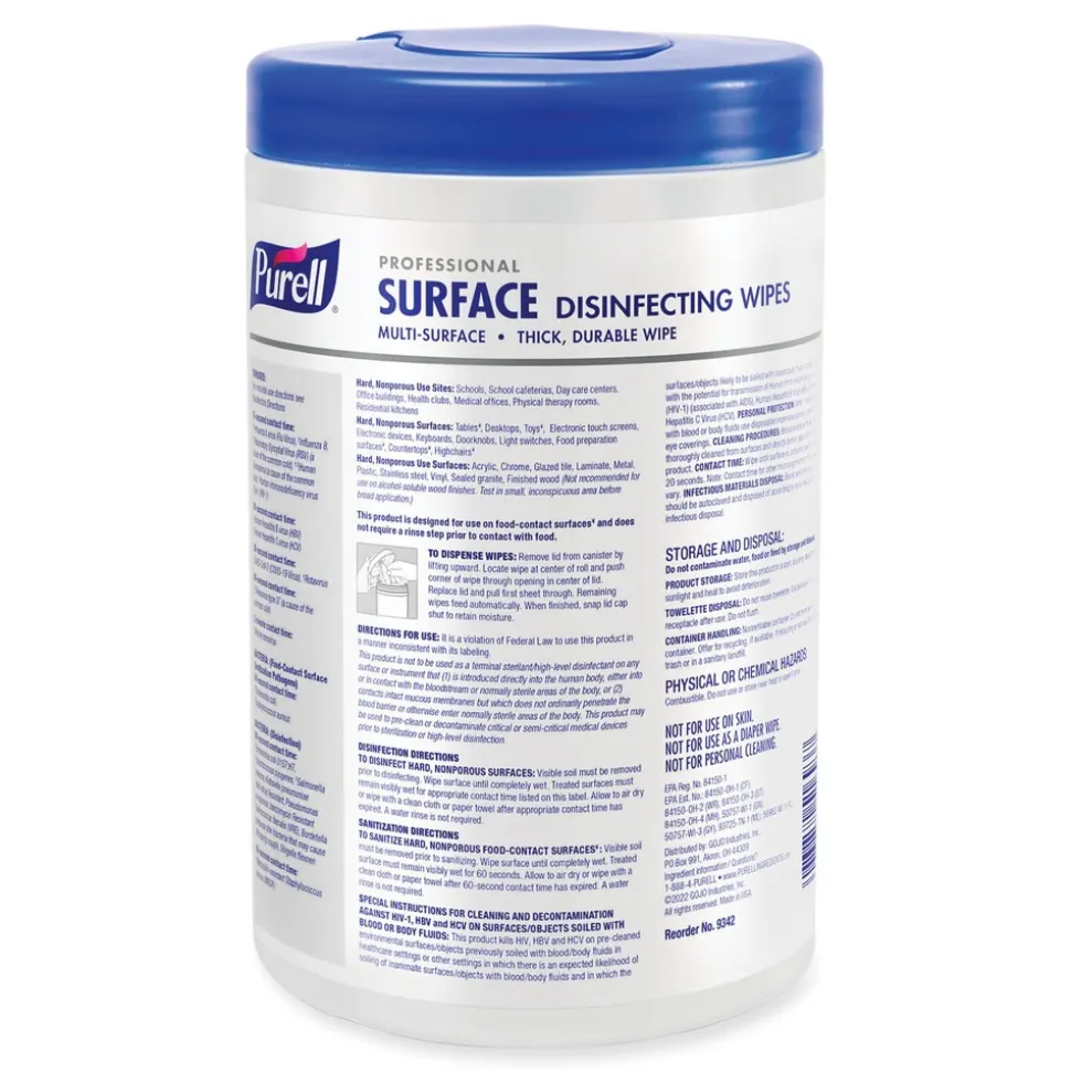 PURELL 1-Ply 7 in. x 8 in. Fresh Citrus Professional Surface Disinfecting Wipes - White (6 Canisters/Carton)