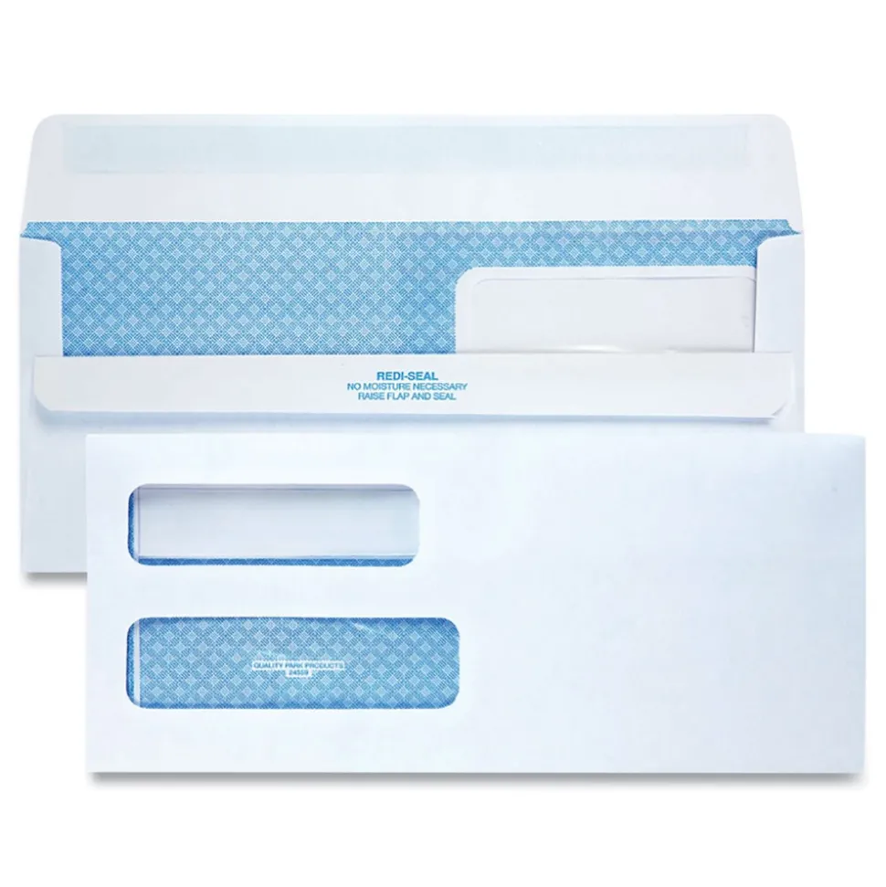 Quality Park 4.13 in. x 9.5 in. #10 Commercial Flap Redi-Seal Adhesive Closure Double Window Redi-Seal Security-Tinted Envelope - White (500/Box)