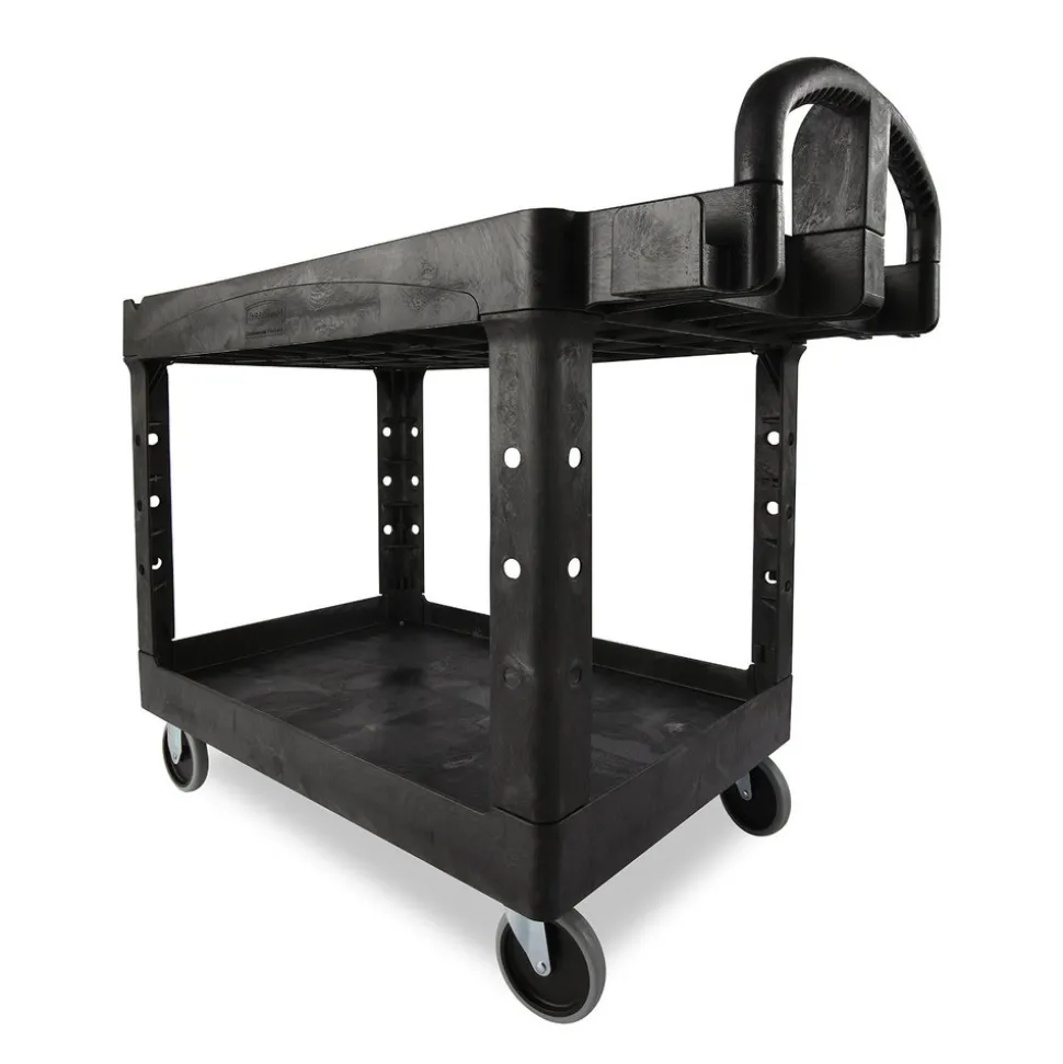 Rubbermaid Commercial 25.9 in. x 45.2 in. x 32.2 in. 500 lbs. Capacity 2 Lipped Shelves Heavy-Duty Plastic Utility Cart - Black